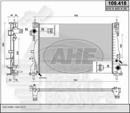 RADIA 1.4 TB - 85/88KW +/- CLIM 610 X 405 X 26 Pour ALFA ROMEO GIULIETTA - AA100 05/10→09/13